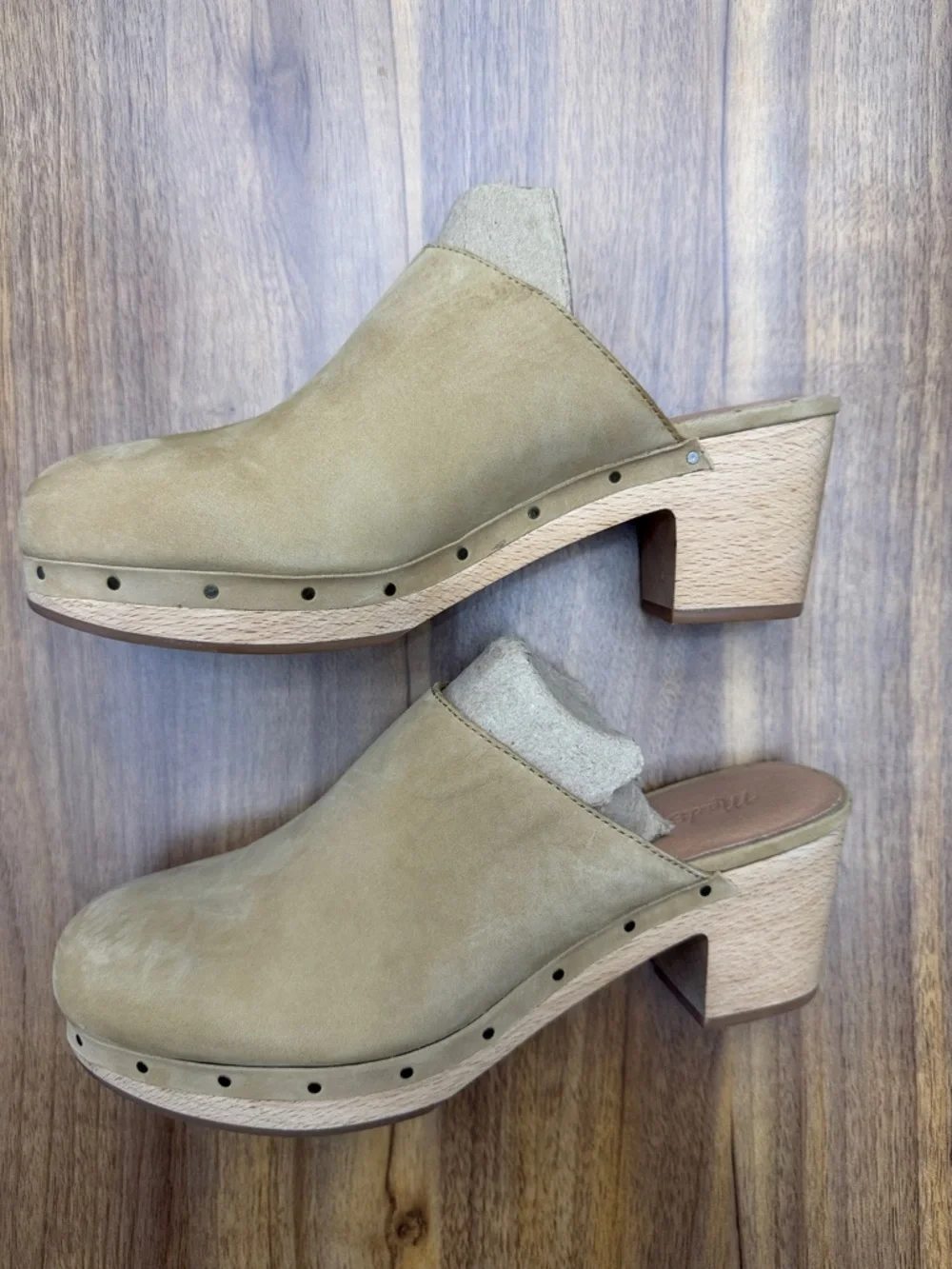 Madewell Nubuck Leather Clog Mules Tan Wooden Heel Size 8.5 - Picture 3 of 9